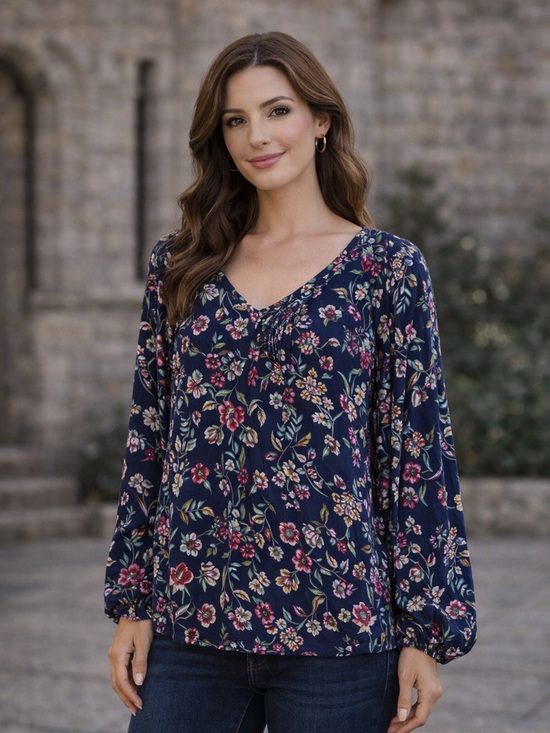 St. John's Bay Tops - St. John’s Bay Navy Floral Boho Blouse – Relaxed Fit, Long Sleeve, Size P6